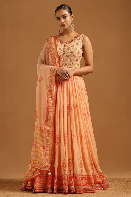 Peach Georgette Geometric Gown With Hand Embroidery and Mirror Work